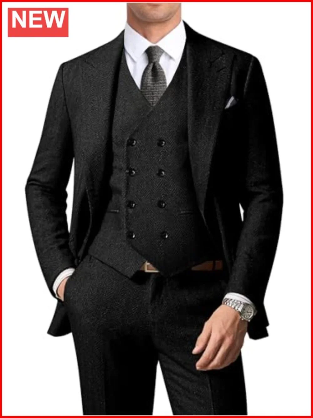 Men's 3 Piece Herringbone Tweed Suit Set Double Breasted Jacket Vest Pants